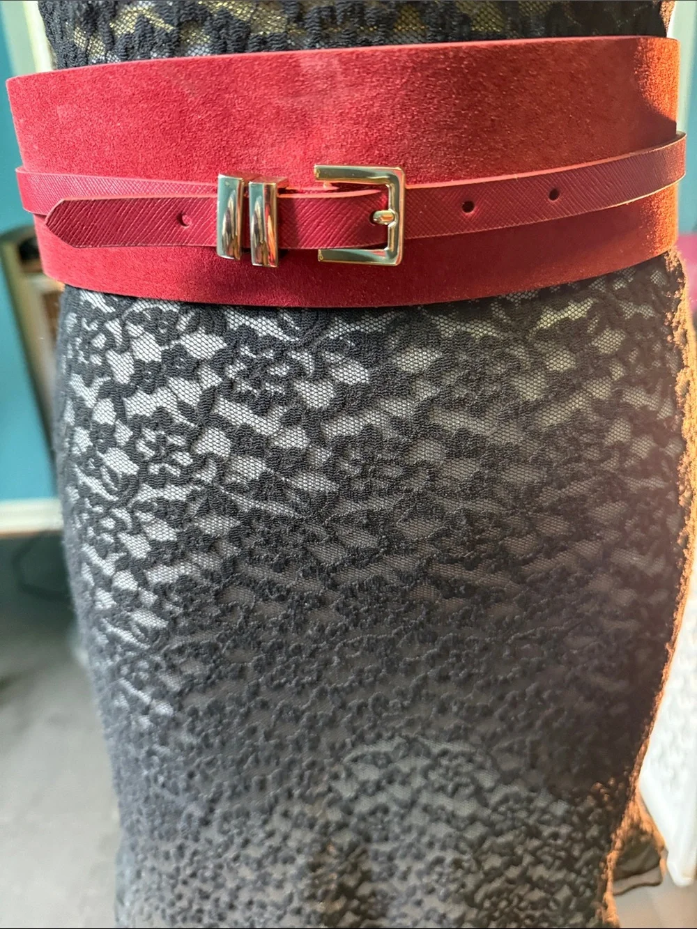 Red Suede Layered Waist Belt with Gold Buckle